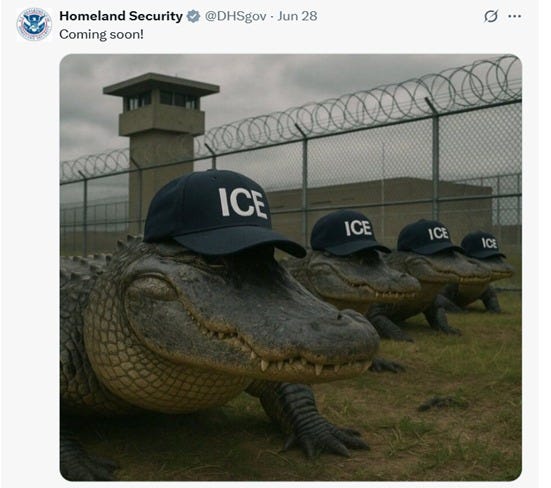 May be an image of crocodile, hat and text that says 'Homeland Security Coming soon! @DHSgov Jun 28 ICE ICE ICE ICE'
