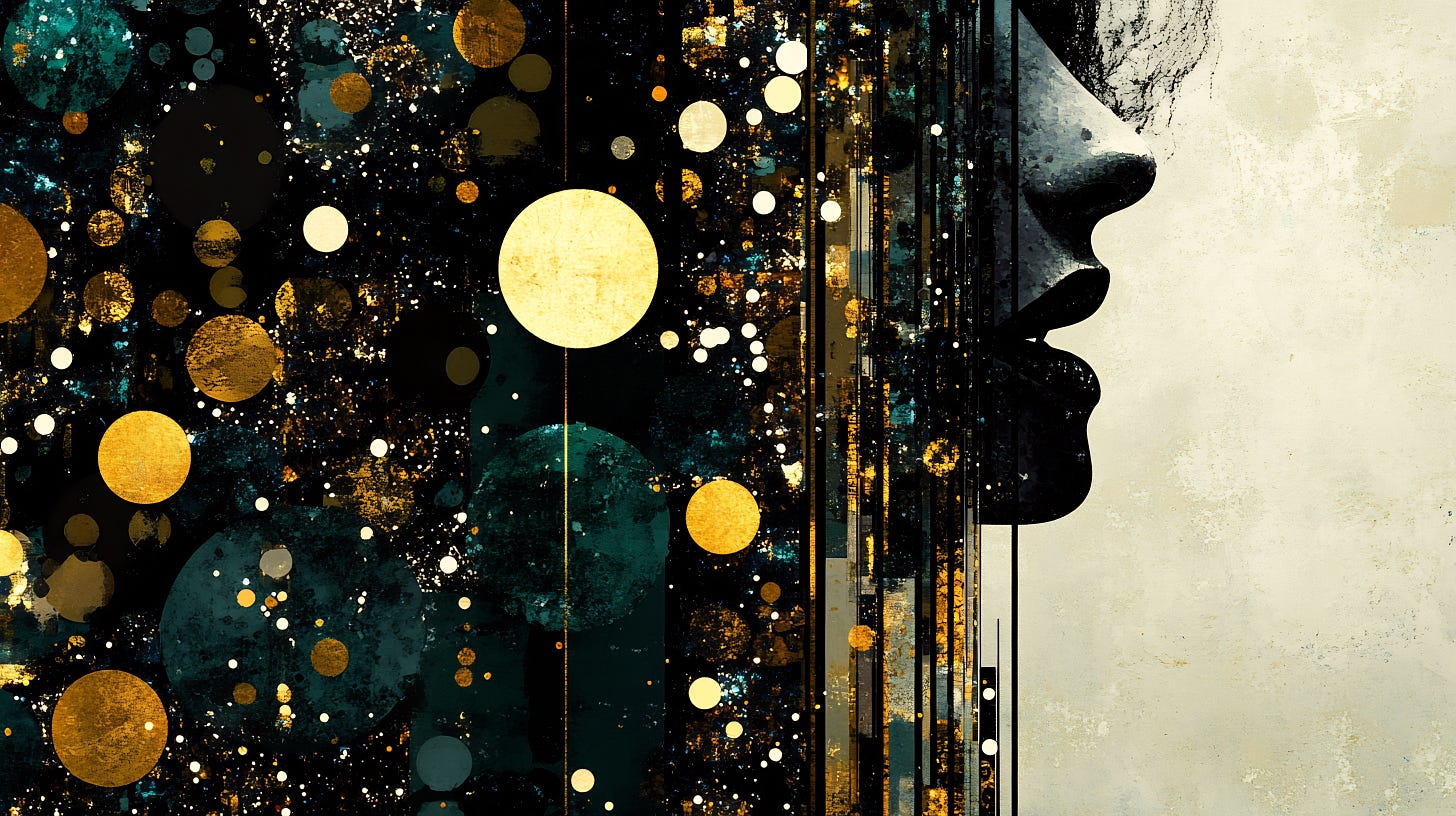 Surreal artwork with circles resembling planets in space with a silhouette of a woman speaking coming out of the imagery