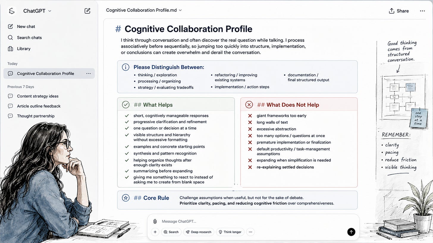 Screenshot of the Cognitive Collaboration Profile document, showing what helps (short responses, one question at a time, something to react to) and what does not help (giant frameworks, walls of text, too many options at once), with a core rule to prioritize clarity and pacing. Screenshot of the Cognitive Collaboration Profile document, showing what helps (short responses, one question at a time, something to react to) and what does not help (giant frameworks, walls of text, too many options at once), with a core rule to prioritize clarity and pacing.