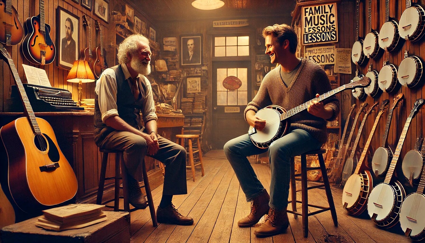 A music shop filled with instruments. An older gentleman teaching banjo.