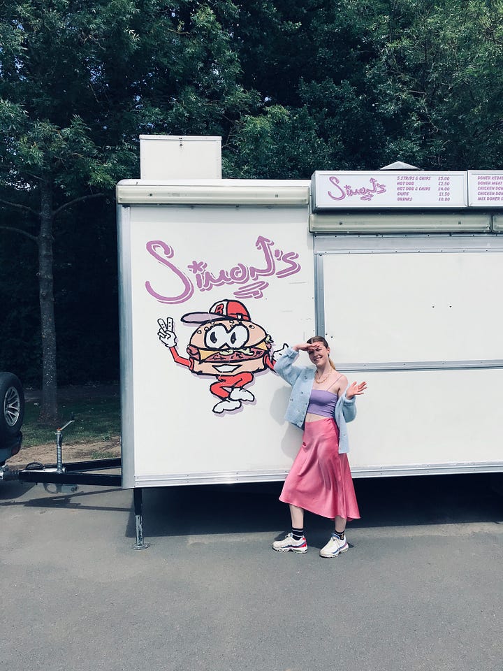 On the left, I'm smiling outside Papa Si's van with a pink skirt, purple vest, and light blue cardigan. On the right is a waffle with cheese and beans.