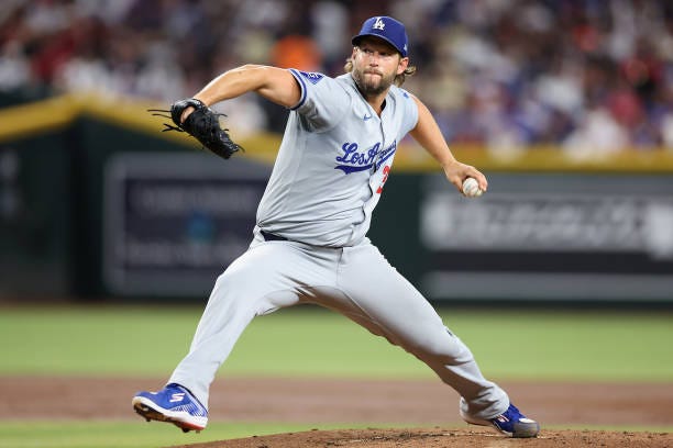 Starting pitcher Clayton Kershaw of the Los Angeles Dodgers pitches against the Arizona Diamondbacks during the second inning of the MLB game at...