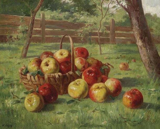 The Basket of Plenty would multiply its contents, providing food for one hundred men. ‘Apfelernte’ by Karl Vikas The Basket of Plenty would multiply its contents, providing food for one hundred men. ‘Apfelernte’ by Karl Vikas