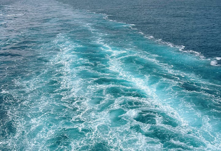 The first image is of the ocean, close on the white-turquoise wake of a ship. The second image is of clouds at sunset, bathed orange and charcoal against a sky going from yellow to blue.