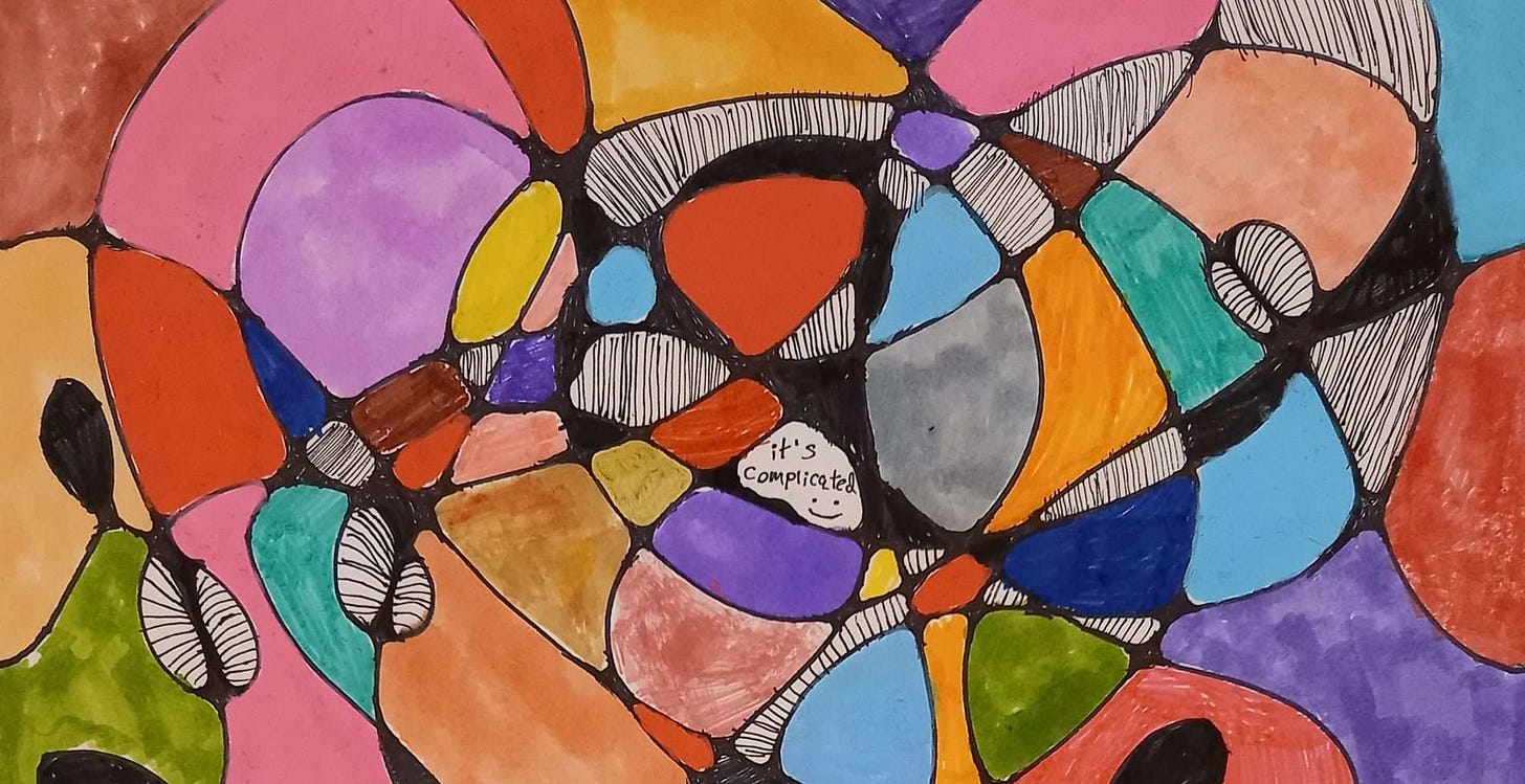 A colourful abstract drawing featuring a mosaic of irregular, interconnected shapes in vibrant hues like pink, orange, yellow, blue, purple, green, and grey. it's complicated written in one of the shapes