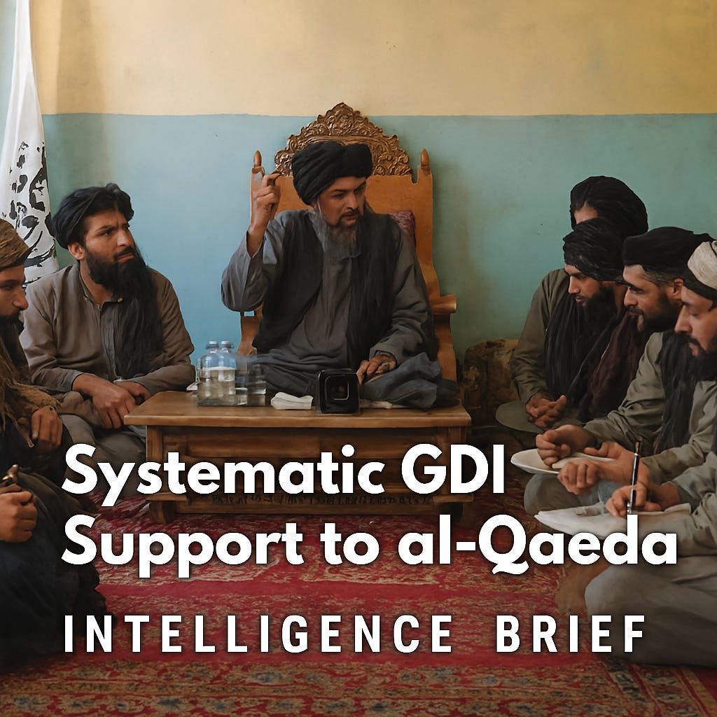 An intelligence-themed illustration showing covert cooperation between Afghanistan's General Directorate of Intelligence (GDI) and al-Qaeda. The image features shadowy figures in traditional Afghan attire meeting in a mountainous region, with training camps in the background, guarded by armed men. A map of Afghanistan is subtly overlaid, highlighting Nuristan and Badakhshan provinces. Symbols of al-Qaeda and GDI are discreetly embedded in the scene to suggest clandestine collaboration.