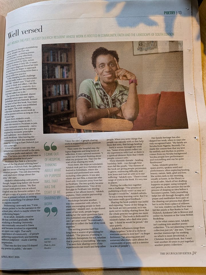 2 images both of the articles featuring an interview with Adukeh the Poet in The Peckham Peculiar and The Dulwich Diverter. Each features a photo of the poet smiling and looking relaxed.