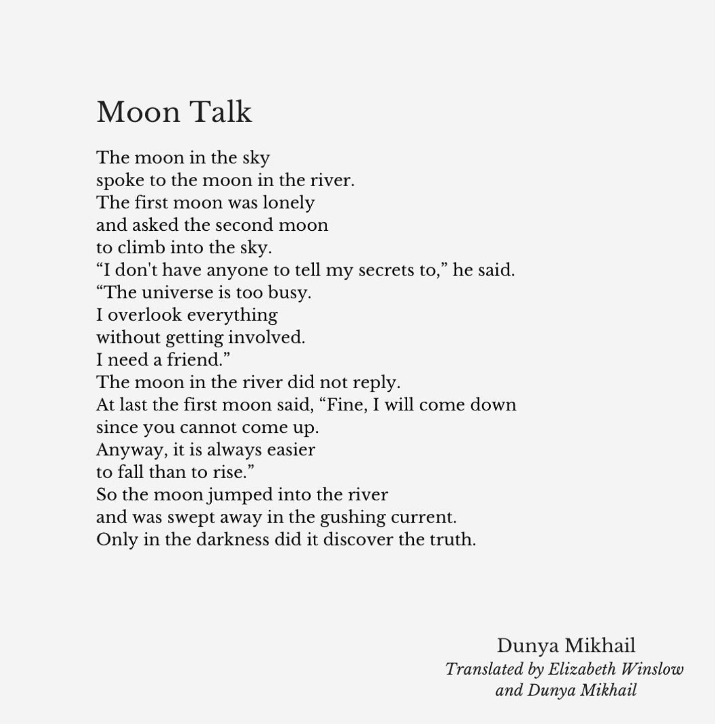 Image ID: Text of the poem Moon Talk by Dunya Mikhail