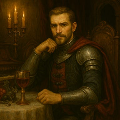Create an image of Fleetwood seated in the dining hall of Castle Ravenloft, dressed in his formalwear and appearing composed but watchful. Use his established visual palette: brooding elegance, strong jawline, intense eyes, and dark wavy hair reminiscent of Richard Armitage without referencing the actor directly. His party attire includes a tailored black and deep crimson coat with silver trim, understated but noble. He sits at the long dining table, one hand near a goblet, the other resting on the armrest. Candlelight flickers across velvet runners and silver cutlery. The organ looms in the background, casting long shadows. Fleetwood’s expression is calm, but his eyes track every movement in the room.