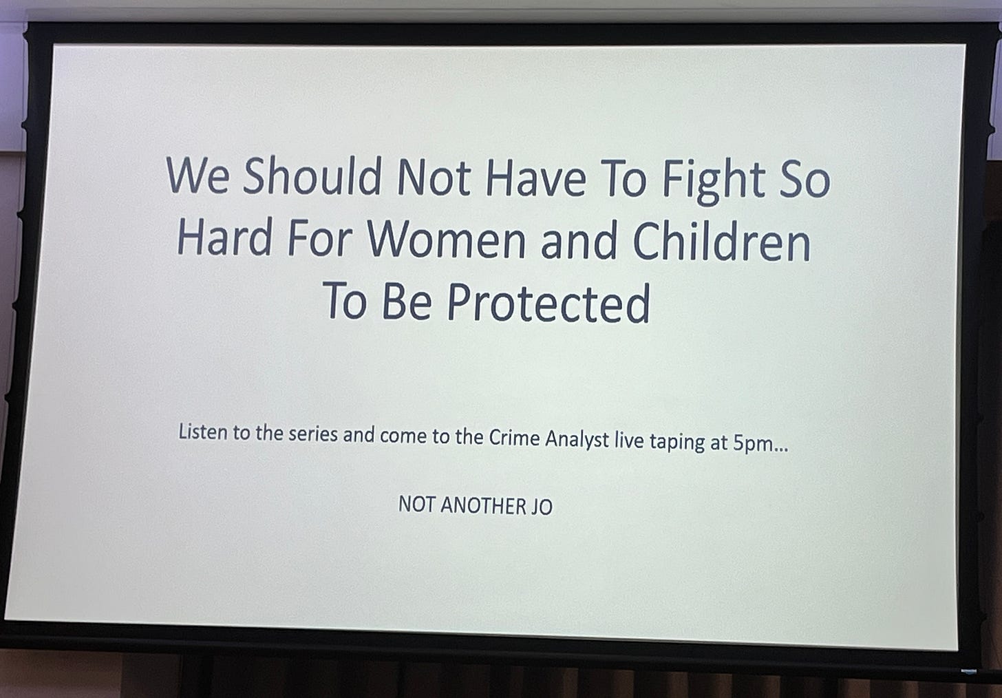 A slide at the Joanna Simpson CrimeCon panel