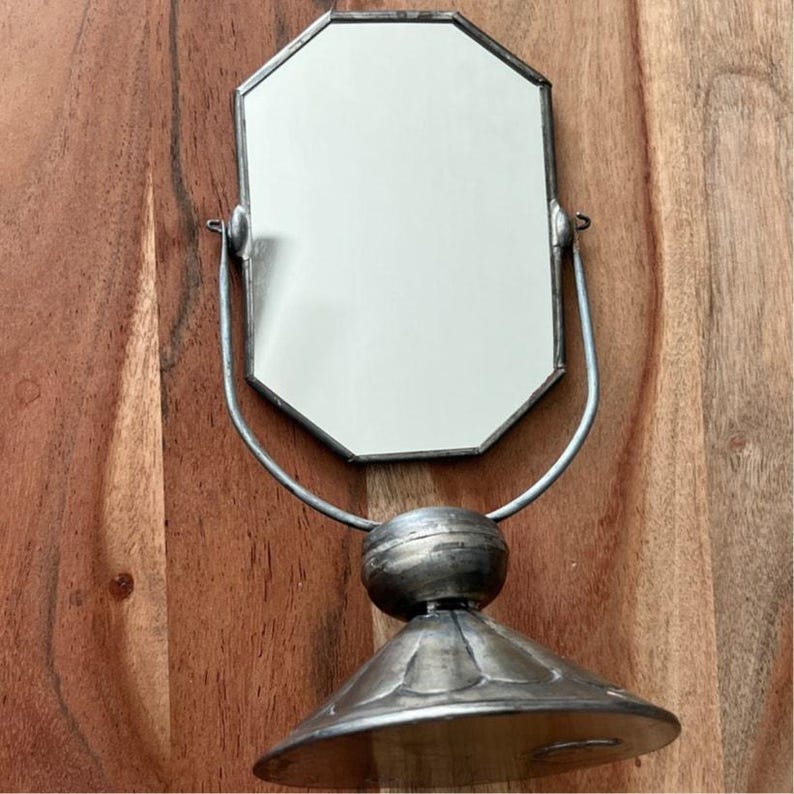 80's vintage pewter mirror octagonal vanity Spanish Colonial table swivel base image 1