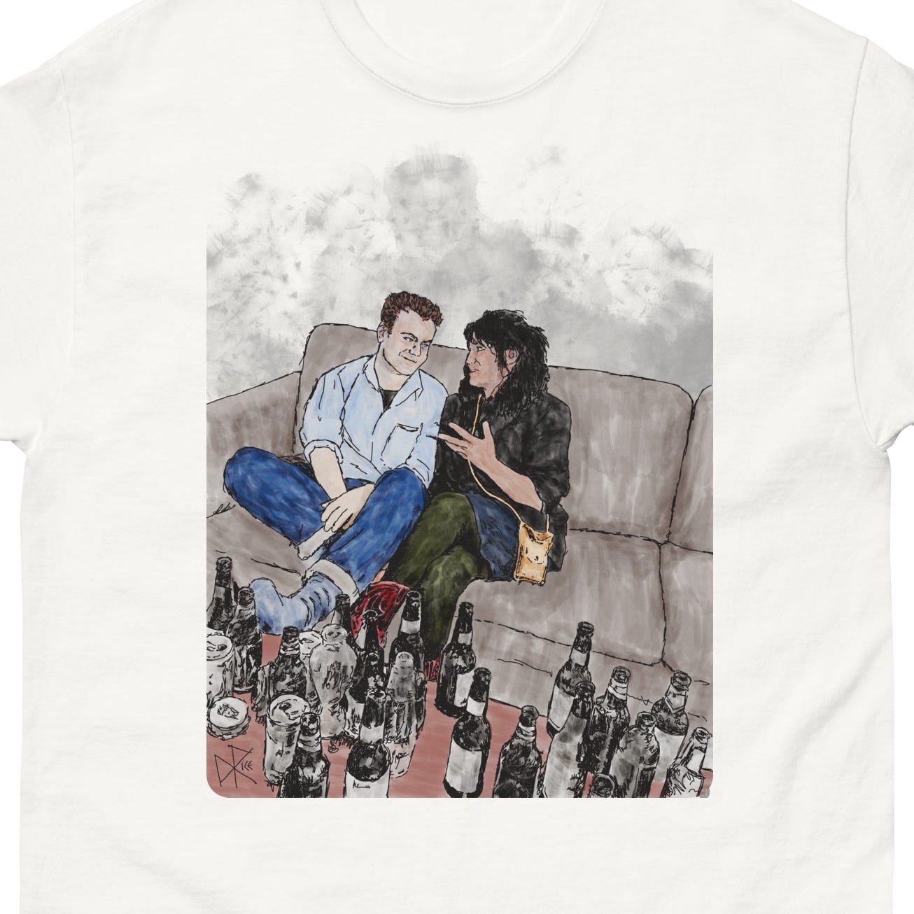 Two young folks happily chatting as they sit immediately next to each other on a sofa, hips and shoulders touching. The coffee table in front of the sofa is heavily crowded by empty beer bottles and cans. Sketch art by Don Rice. Two young folks happily chatting as they sit immediately next to each other on a sofa, hips and shoulders touching. The coffee table in front of the sofa is heavily crowded by empty beer bottles and cans. Sketch art by Don Rice.