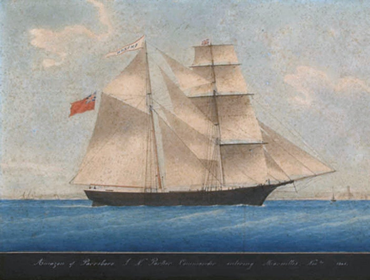 A two-masted brigantine under full sail, painted side-on in the manner of harbor ship portraits, with an inscription along the bottom naming the Amazon and her commander.