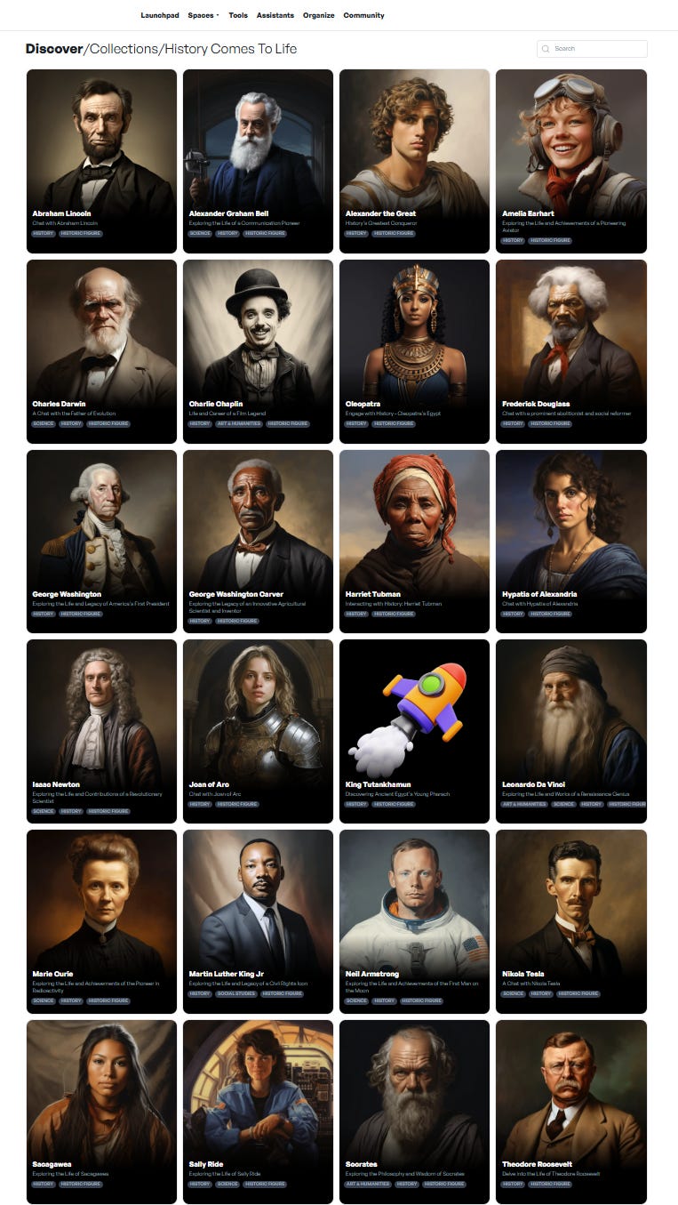 SchoolAI's "History Comes to Life" collection which includes historical figure chatbots such as Frederick Douglass, Harriet Tubman, and others. SchoolAI's "History Comes to Life" collection which includes historical figure chatbots such as Frederick Douglass, Harriet Tubman, and others.