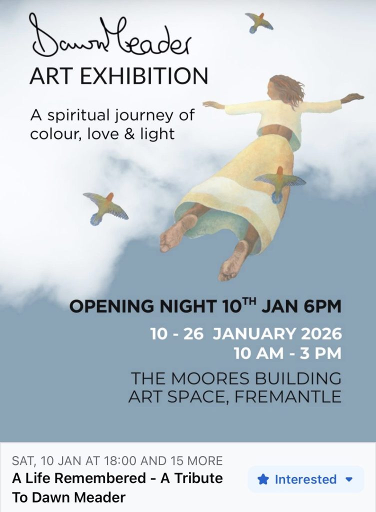 Image of girl in white clothing flying with two birds. Dawn Meader art exhibition at Moore and Moores Fremantle Perth from 10 to 26 Jan 2026 Image of girl in white clothing flying with two birds. Dawn Meader art exhibition at Moore and Moores Fremantle Perth from 10 to 26 Jan 2026