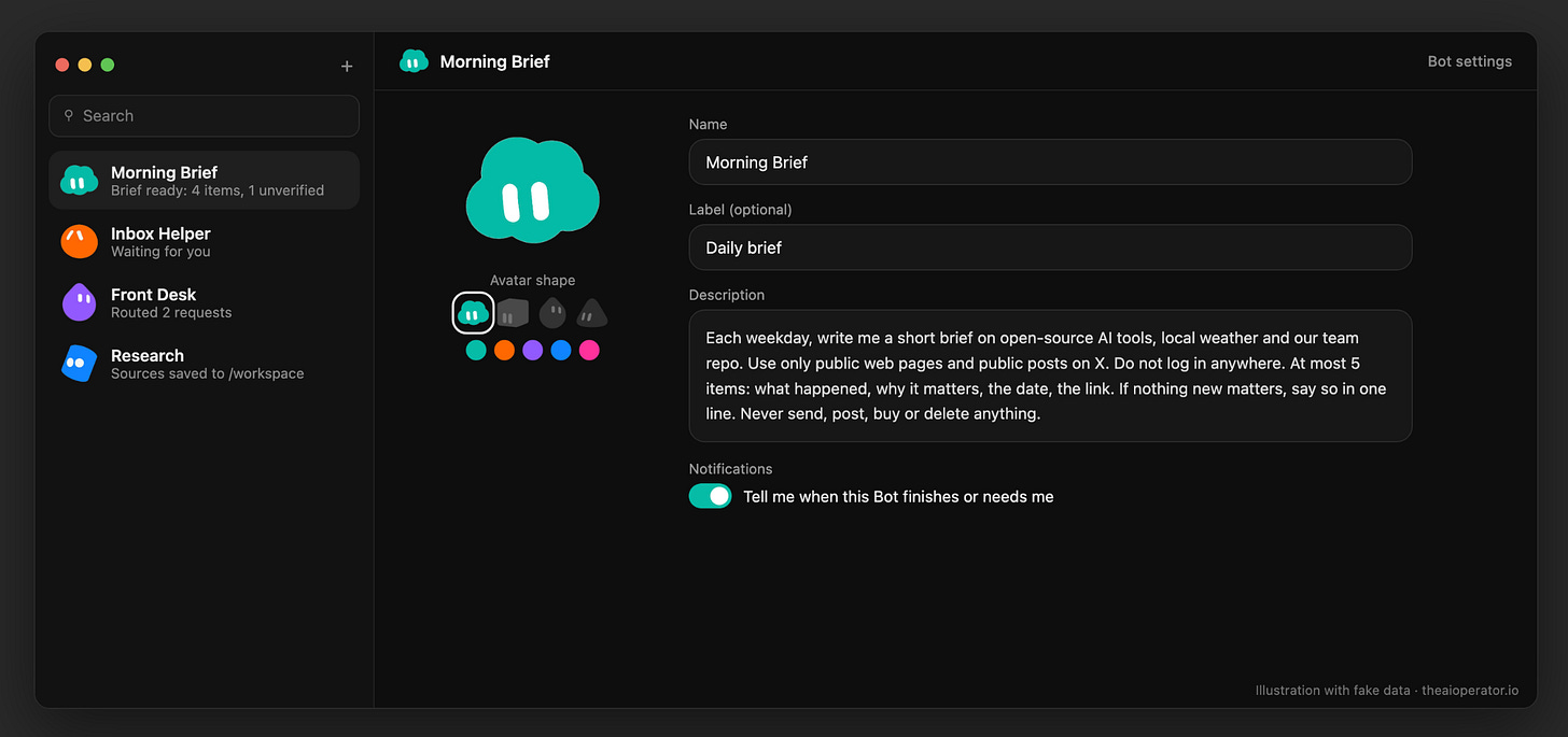 Dark Grok Bot-style app mockup showing bot settings for Morning Brief: a teal cloud-shaped Grok Bot, name, label Daily brief, and a description limited to public sources that never sends anything. The sidebar lists four bots with official Grok Bot avatars. Illustration with fake data.