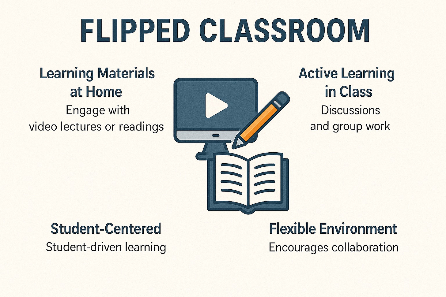 Flipped classroom diagram: learning materials at home through videos or readings, and active learning in class through discussion and group work.