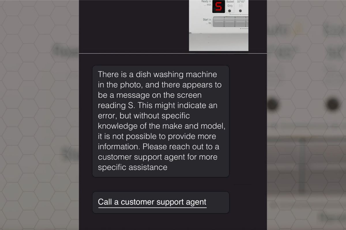 A phone screenshot of someone using Service AI. The chat describes a dishwasher display showing the letter "S" on its screen, with a button below labeled "Call a customer support agent.