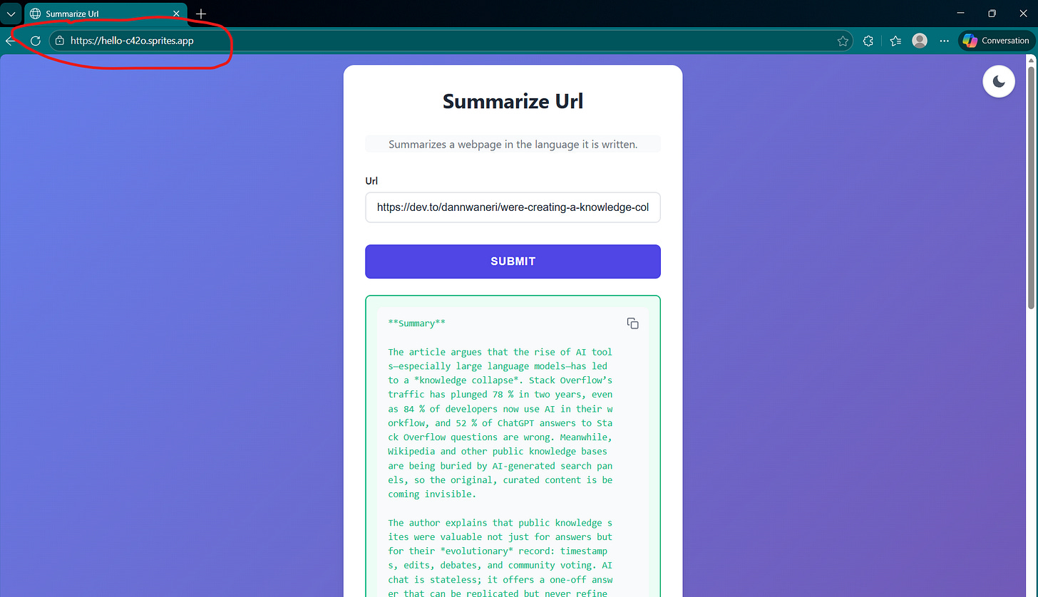 This is a screenshot of the Summarizer application, with the URL circled in red to show that it runs on a Sprite.
