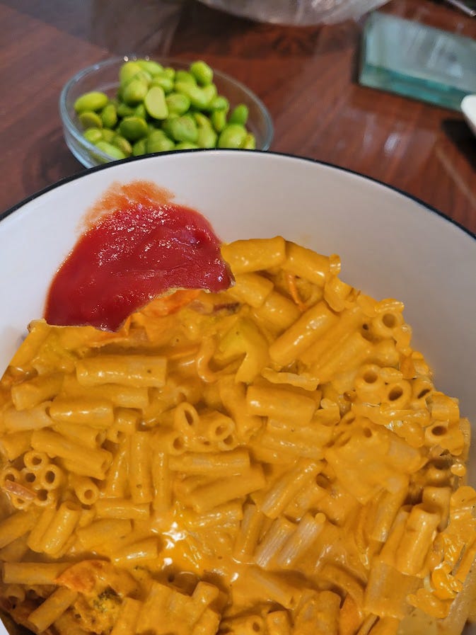 WFPB Mac & Cheese with homemade ketchup & edamame