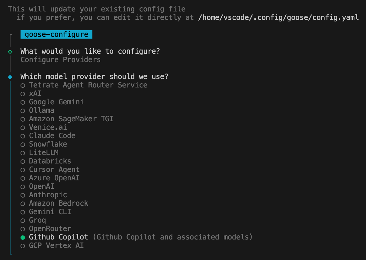 Terminal interface for the goose configure command, prompting the user to select a model provider. The selected option is “Tetrate Agent Router Service,” followed by a scrollable list of AI providers including OpenAI, Google Gemini, Claude Code, GitHub Copilot, Amazon SageMaker TGI, and others. A header asks, “What would you like to configure?” with “Configure Providers” selected.