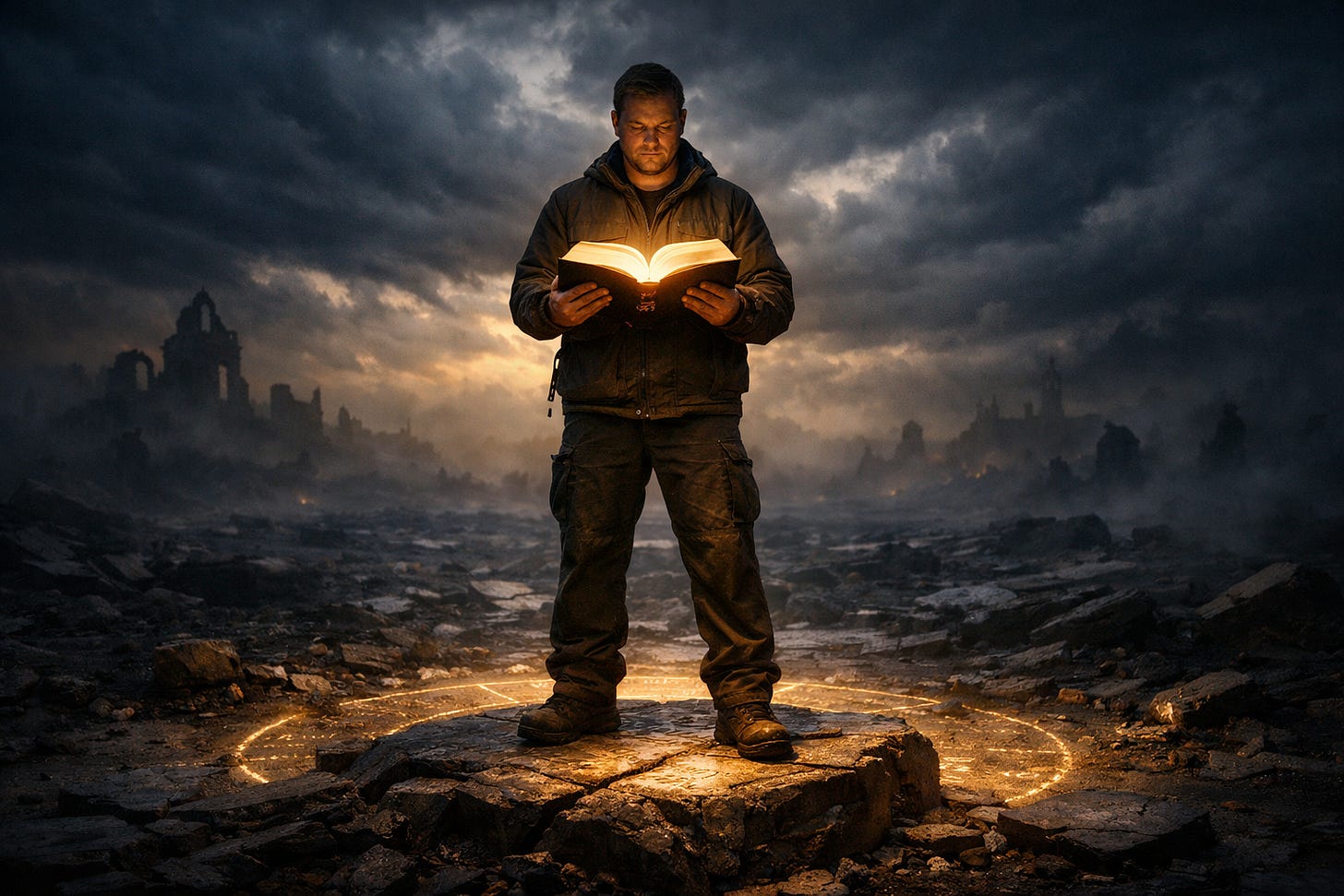 Man stands on a rock, holding the Bible in a storm gathering background.