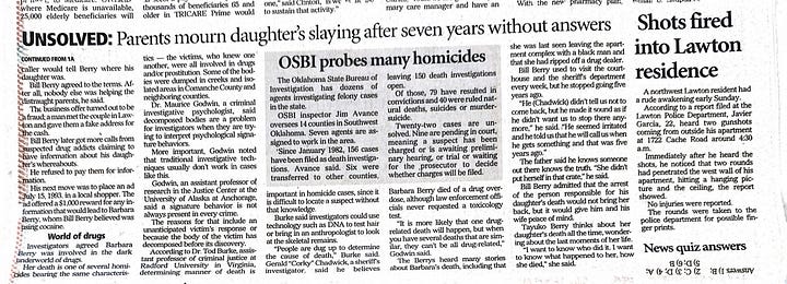 Forgotten Souls series’ second installment as published by The Lawton Constitution on Nov. 20-21,2000 shedding light on two unsolved homicides in Comanche County. Each story was published on the front page and with a picture showing the victims’ relatives Mc Nelly Torres interviewed and the particular issues with that case. Click on each picture to see the full page. (Mc Nelly Torres | Don’t Forget My Voice)