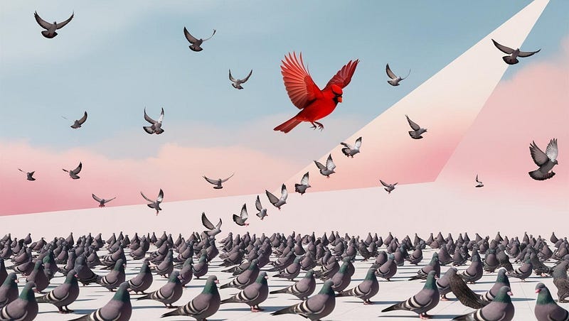 Image of a red cardinal standing out in a sea of pigeons.