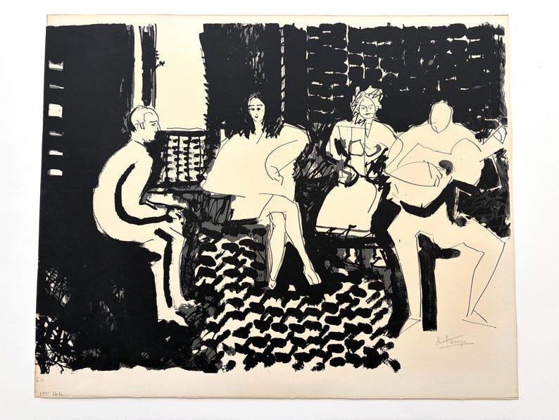 May include: A black and white ink drawing on paper depicting four figures in a room. The scene features high-contrast silhouettes and textured patterns. A signature is visible in the bottom right corner, and a small handwritten number is in the bottom left.