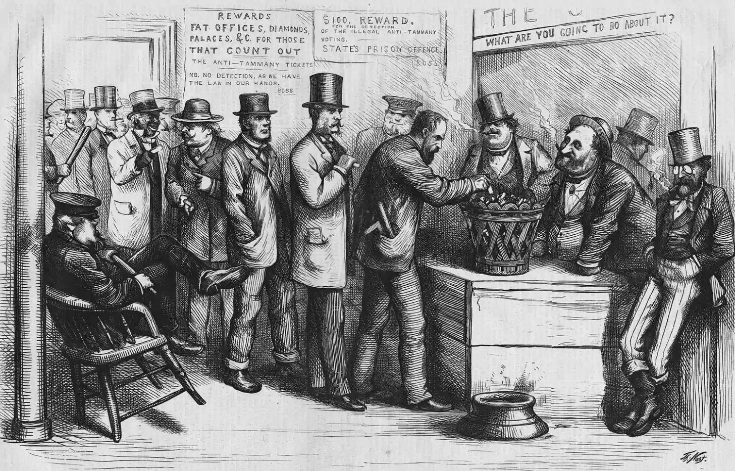 Political Cartoon of Tammany Ring Presiding over New York Elections