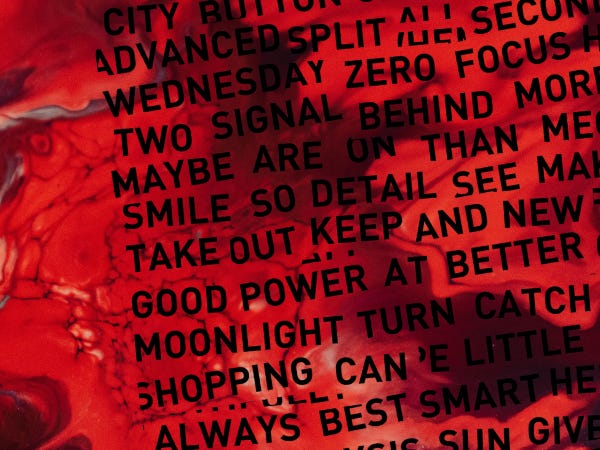 A red abstract painting overlayed with random words A red abstract painting overlayed with random words