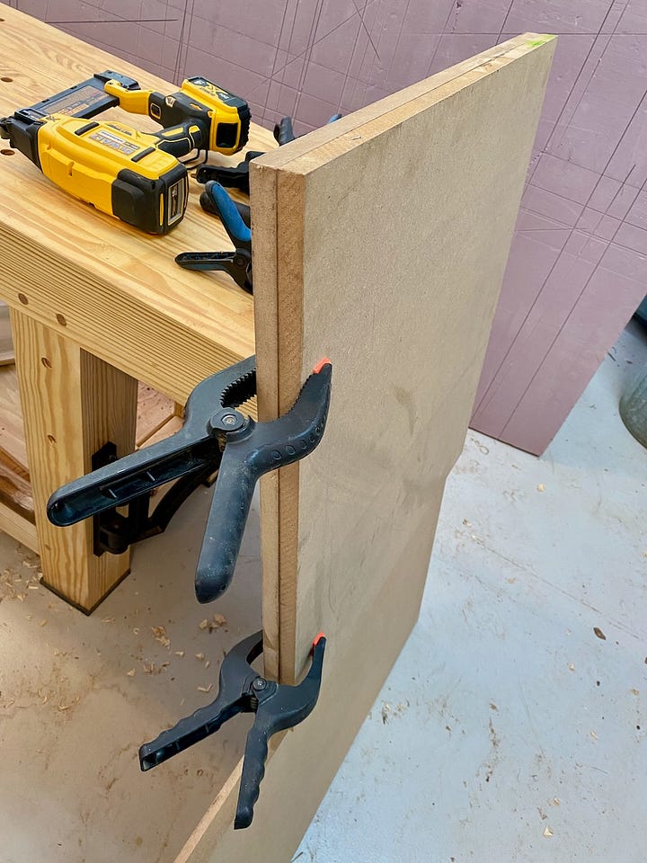 Workshop photos of a table saw extension table being constructed and installed.