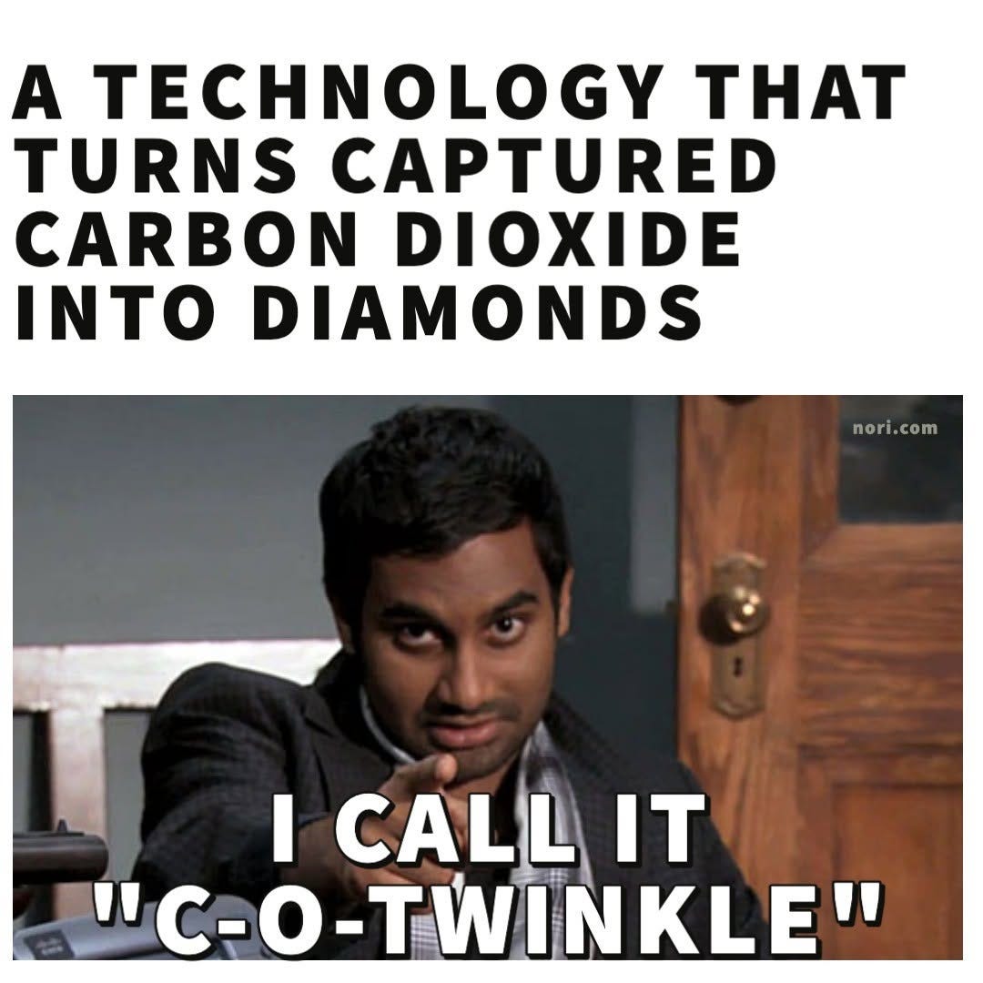 Text: "A technology that turns captured carbon dioxide into diamonds." Below, Aziz Ansari as Tom Haverford pointing: "I call it 'C-O-Twinkle'."