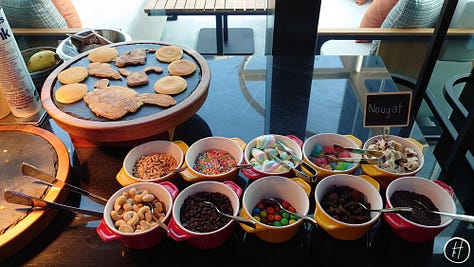 Food offerings at Moxy breakfast buffet