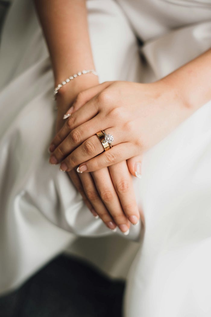 A close up picture of a bride’s hands, showing her wedding ring. A close up picture of a bride’s hands, showing her wedding ring.