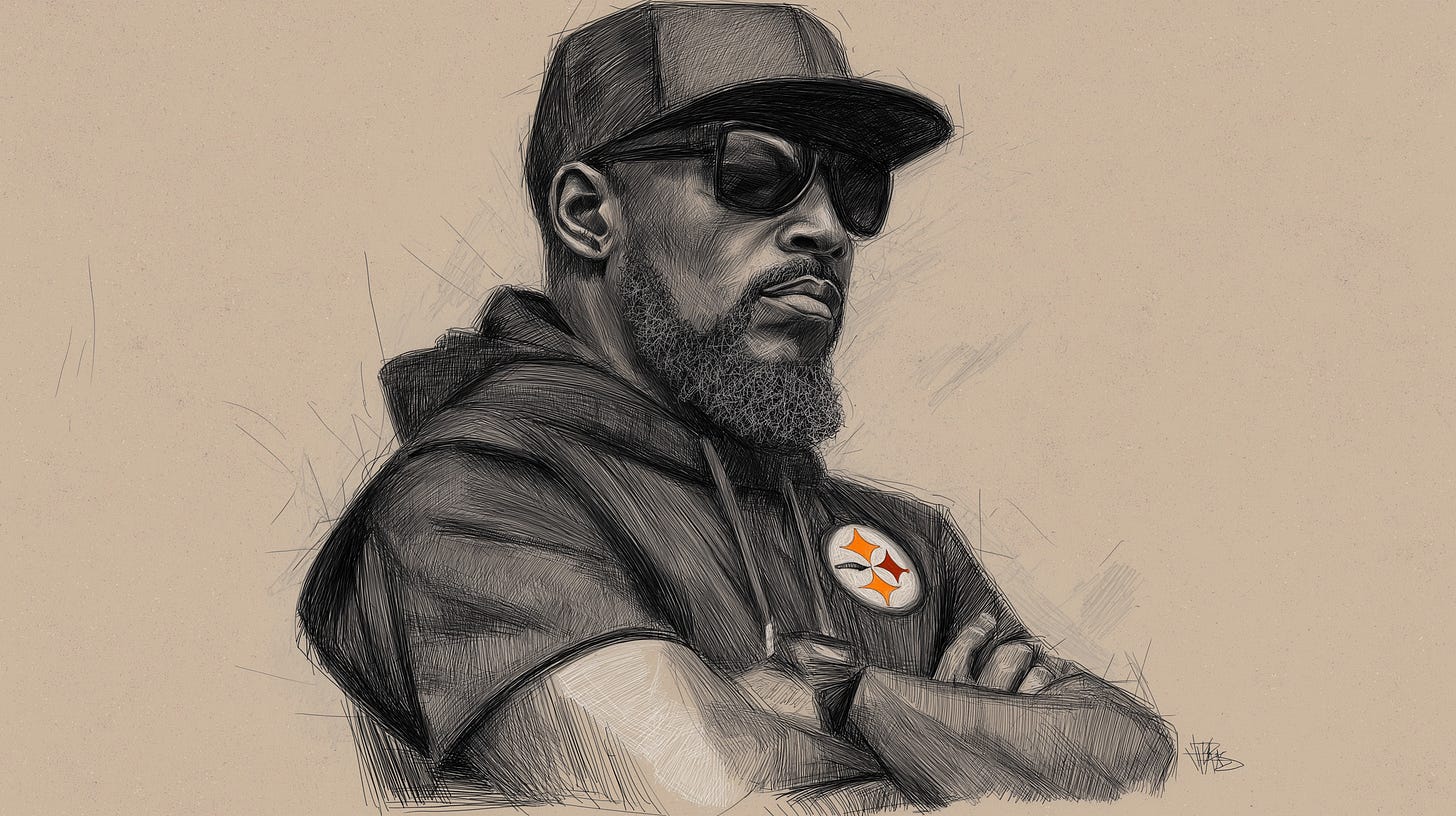 Editorial courtroom sketch illustration of Mike Tomlin in his signature sideline look — black Steelers cap pulled low, dark wraparound sunglasses, black sleeveless hoodie, arms crossed. Charcoal and ivory linework with an orange accent on the Steelers logo.