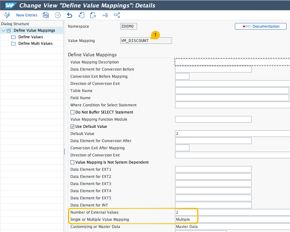 SAP AIF value mapping definition screen with Number of External Values set to 2 and Value Mapping Type set to Multiple