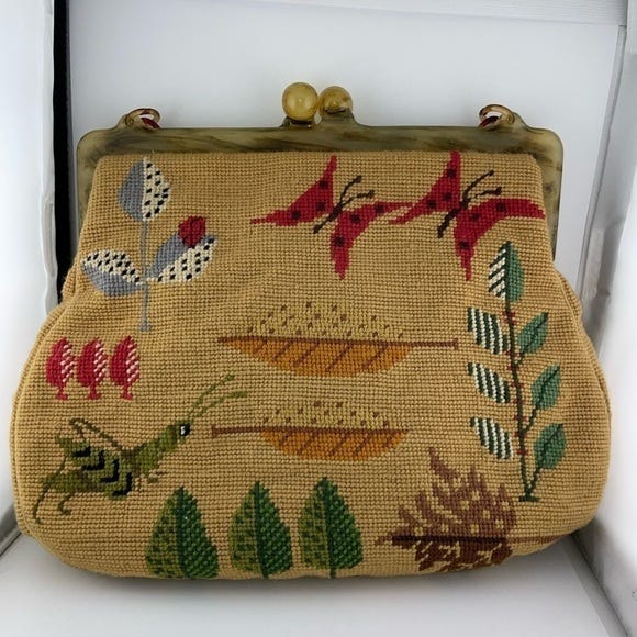 Floral Leaves / Insect Motif Rare 50s vintage needlepoint bag,​​​​​​​​​ - Picture 1 of 9