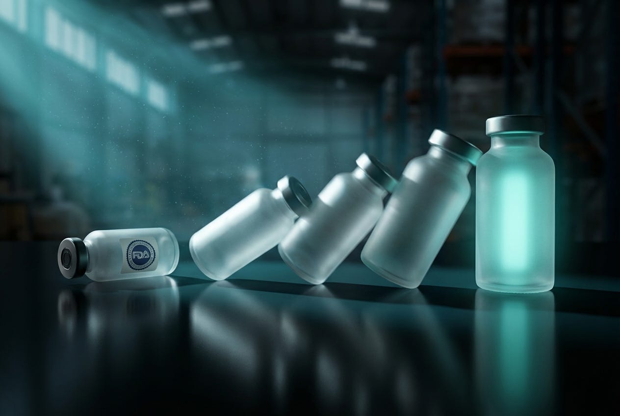Glass vials falling like dominoes, FDA seal on the first one Glass vials falling like dominoes, FDA seal on the first one