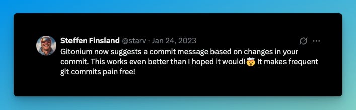 Tweet announcing automatic commit messages
