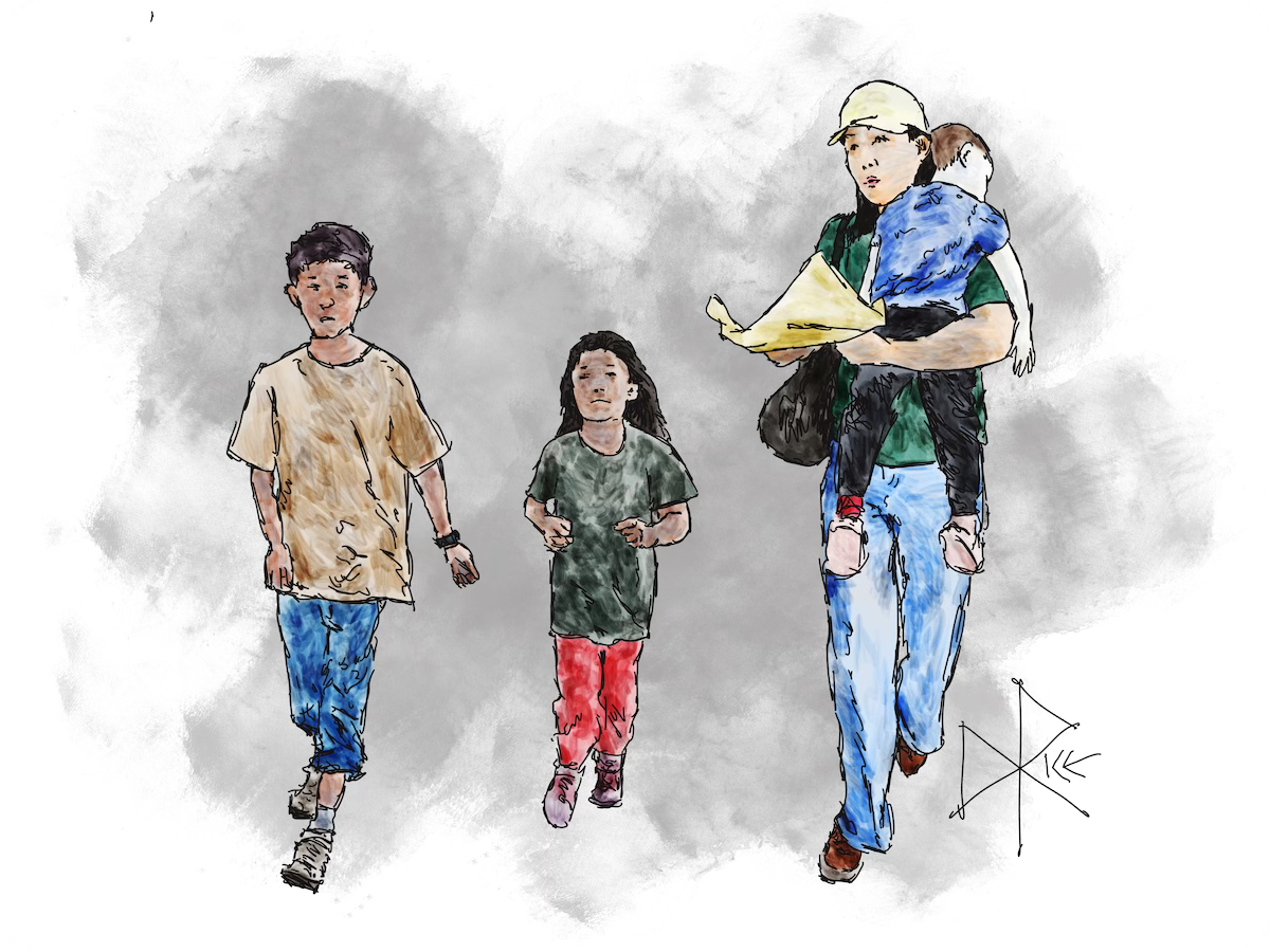 A woman carries a sleepy young child across her shoulder as she holds some parchment paper wrapped food with her other hand. Her two older kids excitedly parade around beside her. Sketch art by Don Rice.