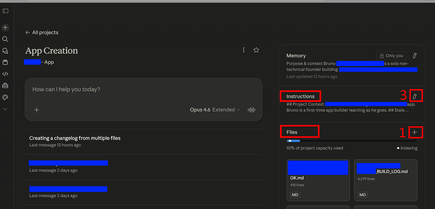 Screenshot of the Claude Projects interface for a project titled "App Creation," with three red annotations: 1 highlights the "Files" section header and the "+" button for uploading files, and 3 marks the "Instructions" section and its edit icon. The right sidebar shows a Memory panel, the Instructions panel with partial project context visible, and the Files panel at 10% capacity with two existing markdown files. Previous conversations are listed on the left. Project names, file names, and other details are redacted with blue boxes for privacy.