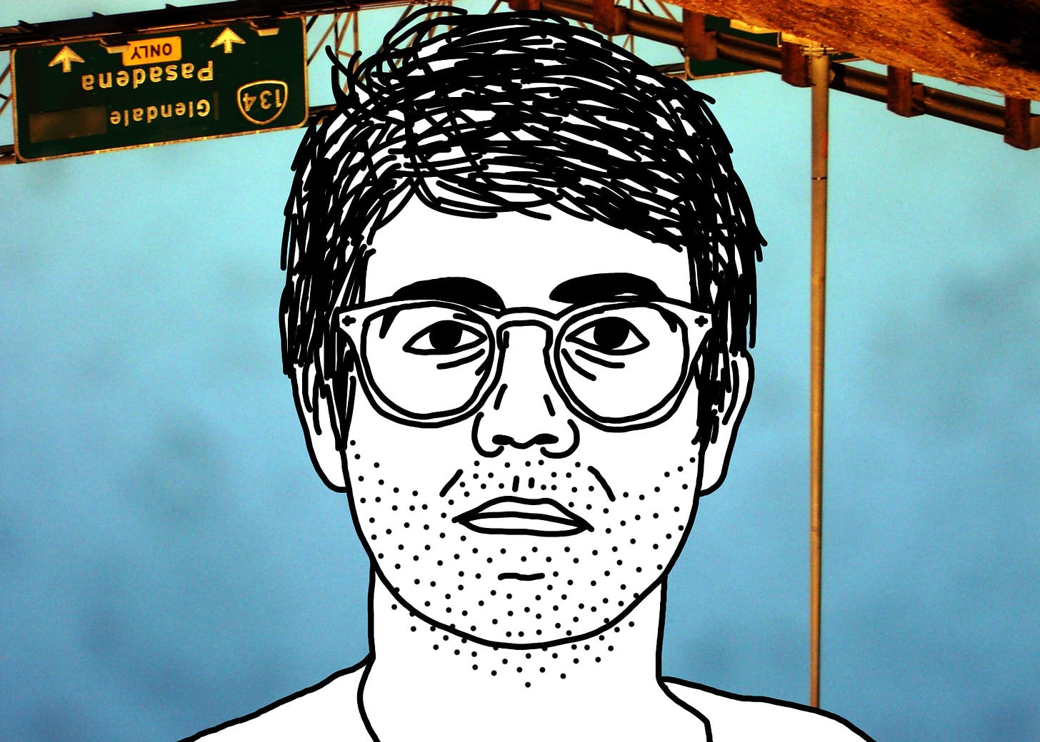 A black line drawing of Alex, the protagonist of "I Hear You Watching." He is white, short messy parted hair, glasses. He stares straight at you, unsmiling. He has a five-o’clock shadow and bags under his eyes. Behind him is an upside-down photo taken through a dirty windshield of blue sky, a highway guardrail, and a sign for the 134 freeway to Pasadena via Glendale in golden evening light.