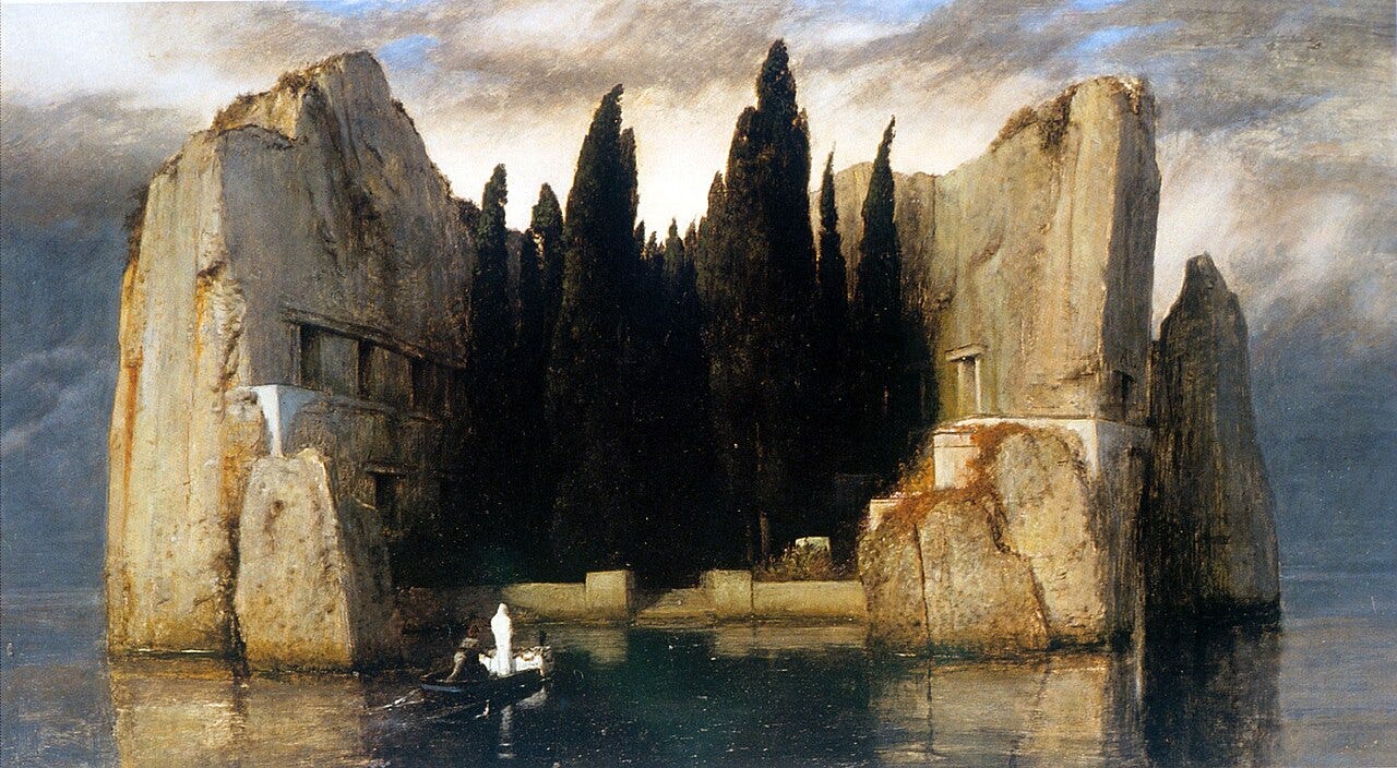 A white figure in a boat crossing to an island of tombs A white figure in a boat crossing to an island of tombs