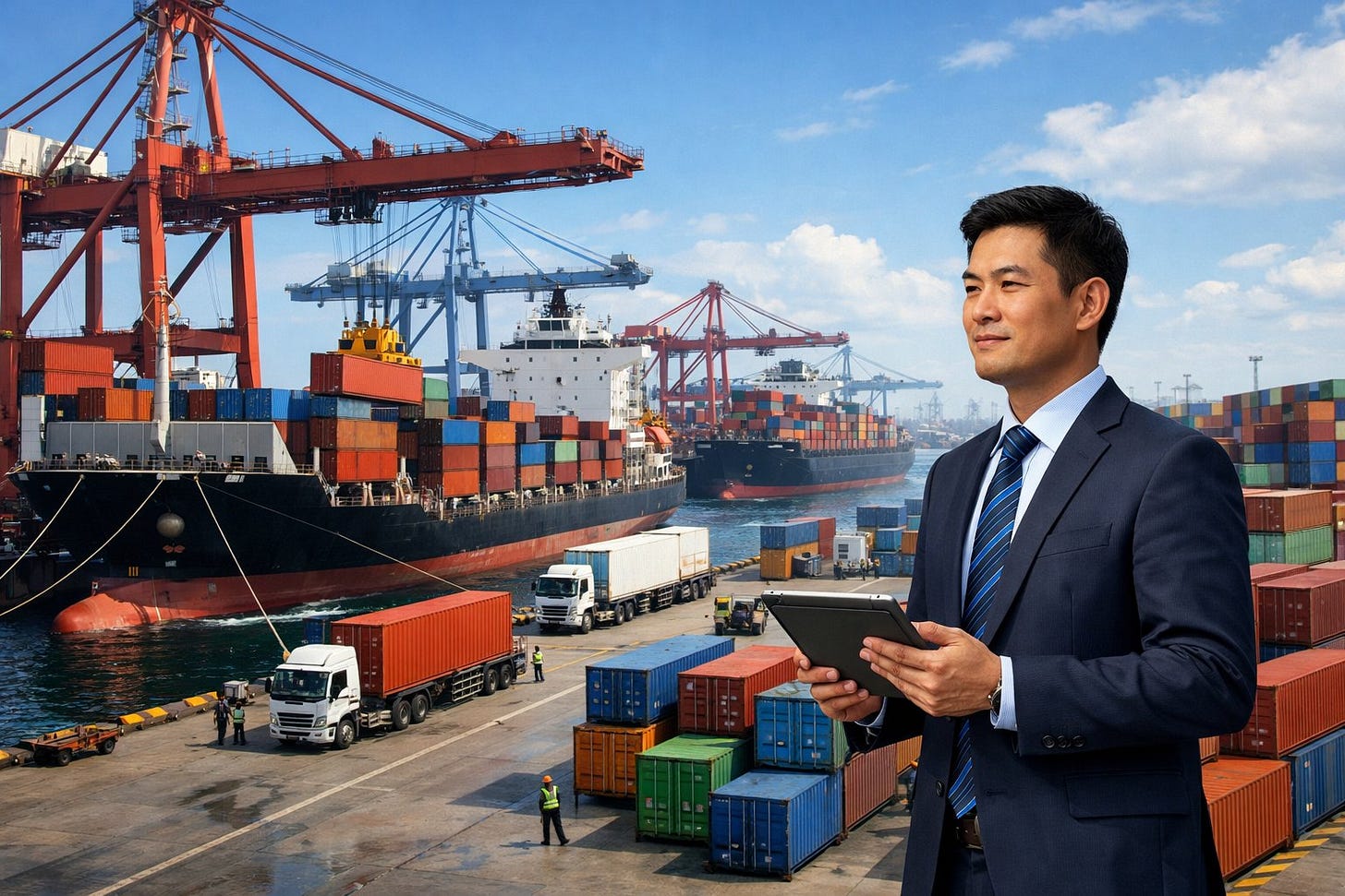A freight forwarder at a busy port with cargo ships, cranes, and stacked shipping containers. A freight forwarder at a busy port with cargo ships, cranes, and stacked shipping containers.