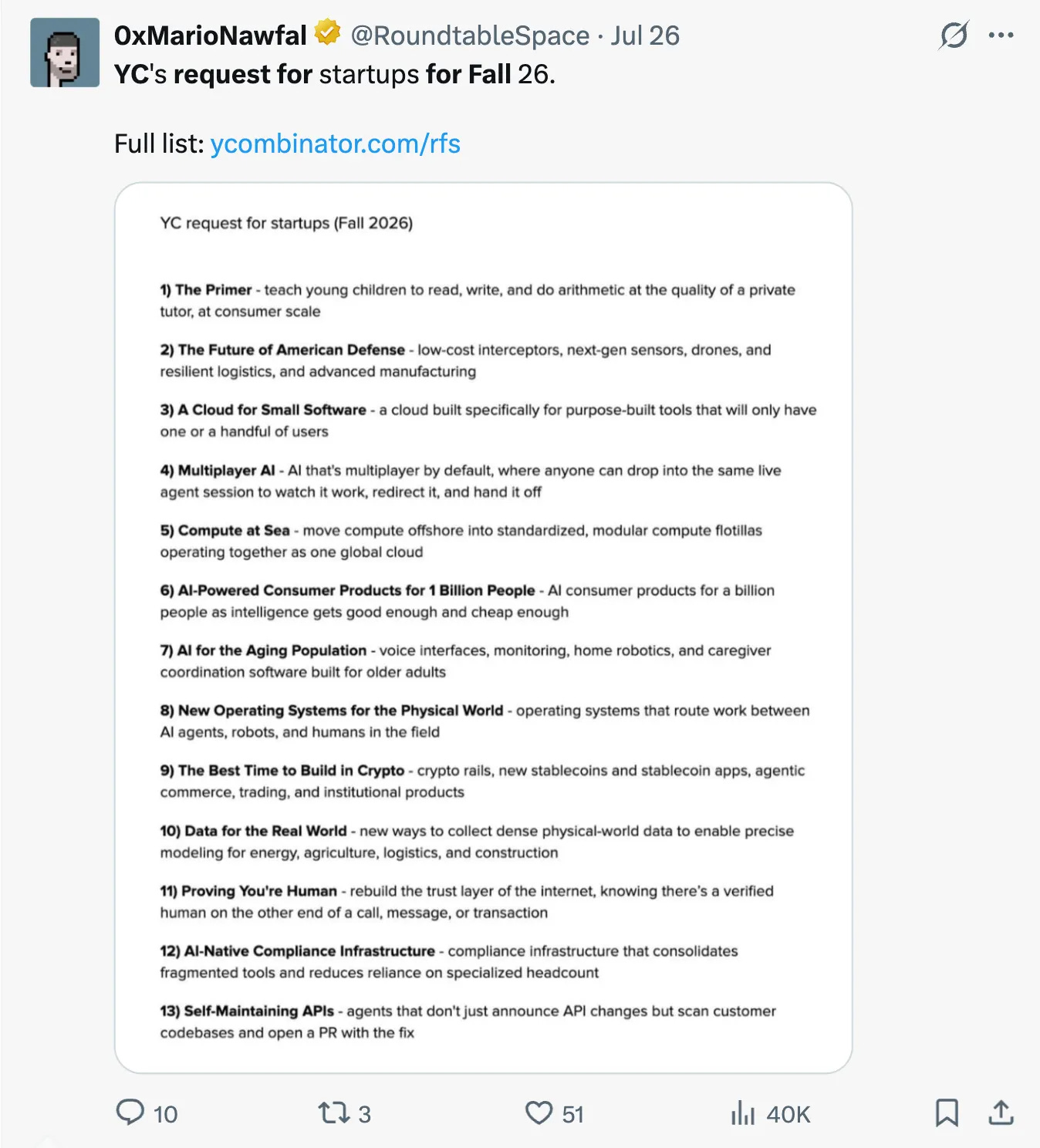 X post listing all 13 ideas from Y Combinator Requests for Startups, Fall 2026 X post listing all 13 ideas from Y Combinator Requests for Startups, Fall 2026