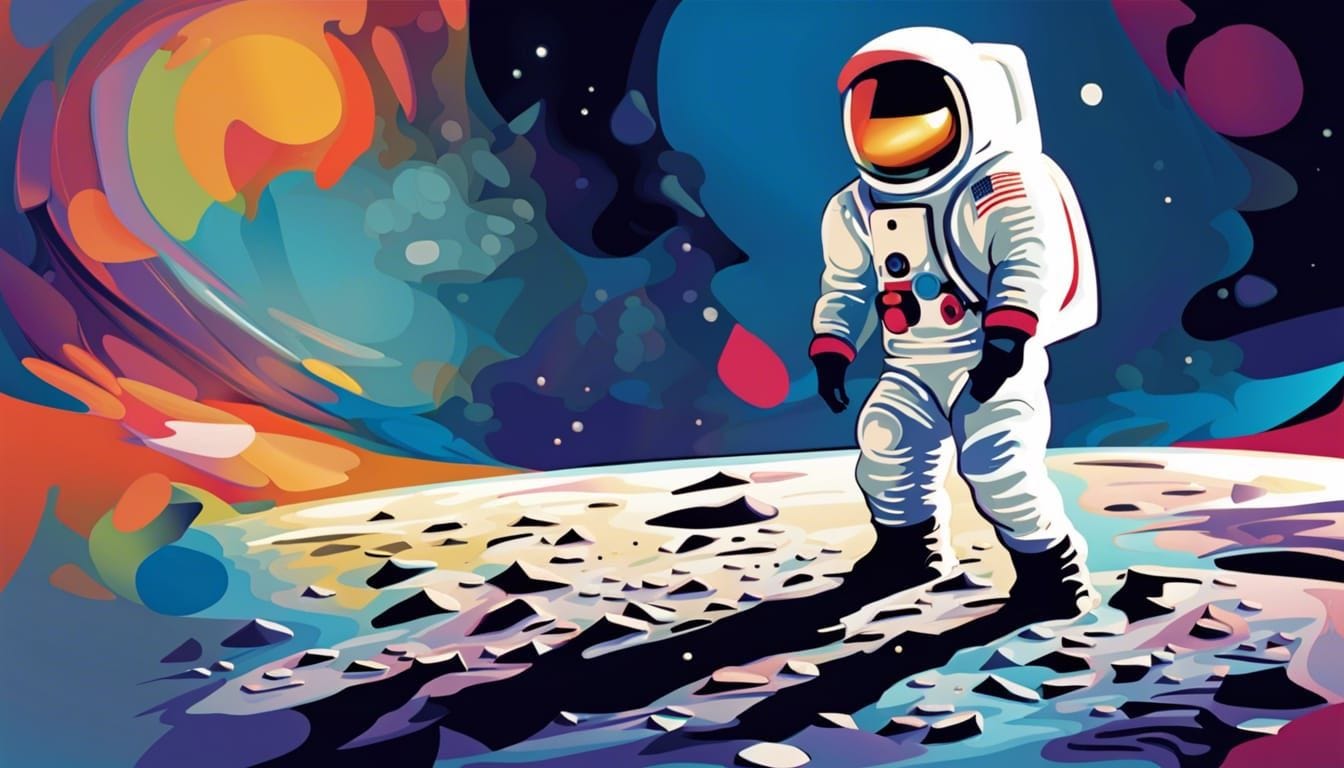 Neil Armstrong stepping on the moon, stylized, vivid colors Neil Armstrong stepping on the moon, stylized, vivid colors