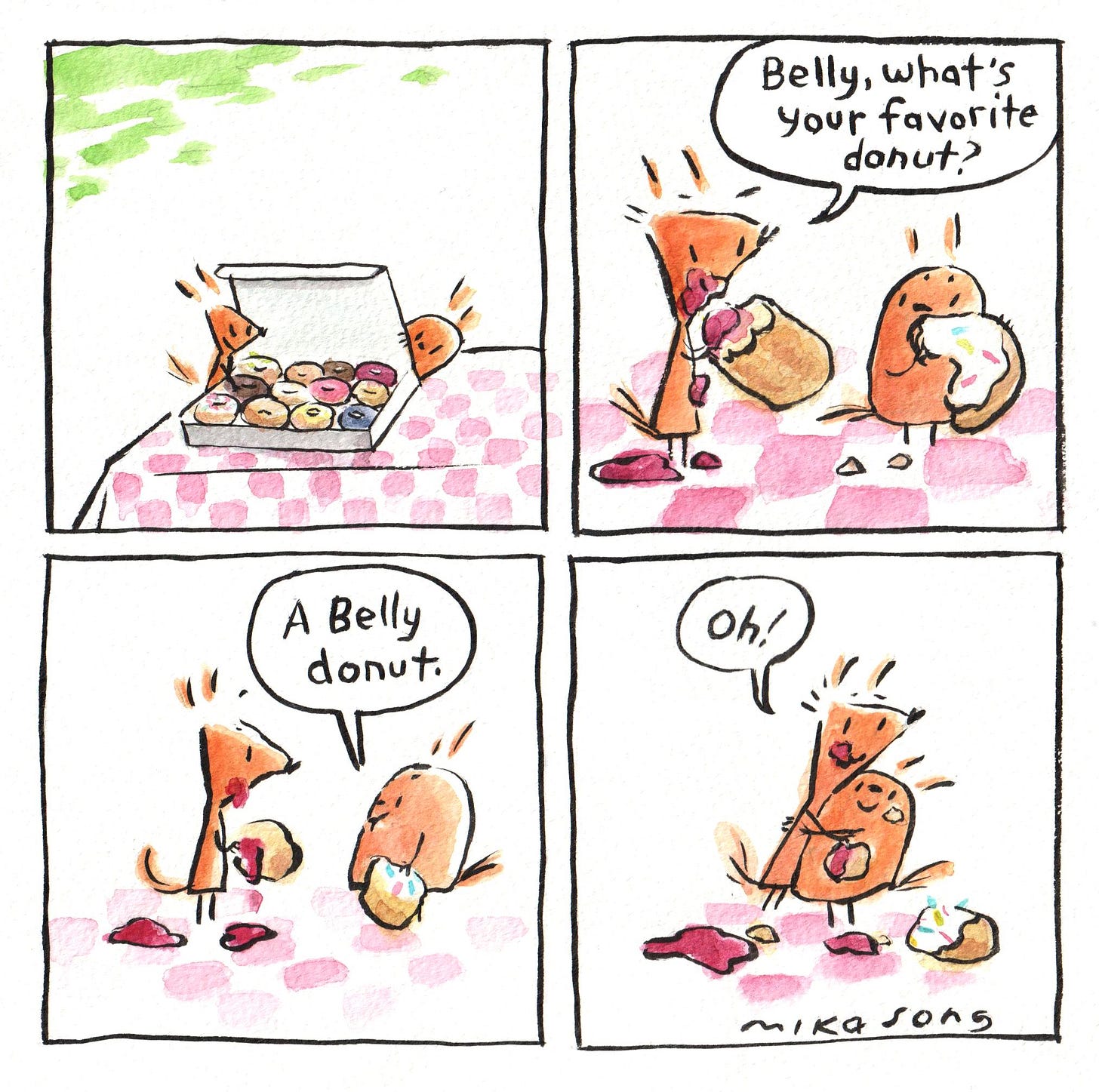 Belly and Norma are eating out of a box of donuts. Norma asks Belly what her favorite donut is, and she replies, "a Belly donut." "Oh!" says Norma, and hugs her.