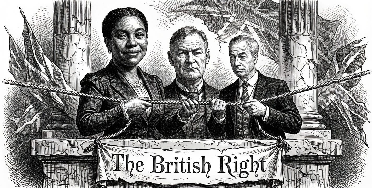 Punch-style cartoon of Nigel Farage, Rupert Lowe, Kemi Badenoch pulling a frayed rope in different directions on a cracked plinth labelled 'The British Right', with crumbling columns and torn Union Jack in the background