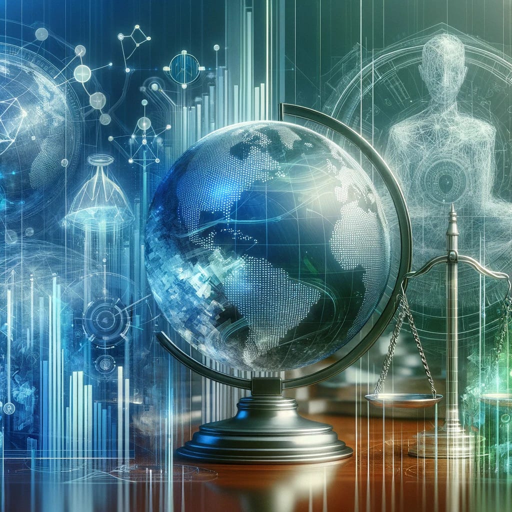 A conceptual and professional cover image for an article titled 'Ethics in the Age of AI: Navigating the Financial Frontier'. The image should feature futuristic and financial elements blended with symbols of ethics and responsibility. In the foreground, a transparent, digital globe representing global finance, surrounded by abstract, holographic AI and financial data streams. In the background, classic symbols of justice like a balanced scale or an ethical compass, subtly integrated. The overall color scheme should be sleek and modern, with a blend of blue, silver, and green tones, conveying a sense of advanced technology, financial expertise, and ethical consideration.
